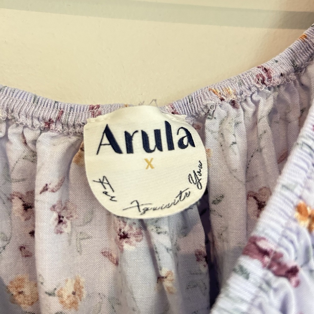 Arula Floral Purple Blouse Sz S Peasant Milkmaid Balloon Sleeve Cottagecore - Picture 4 of 10